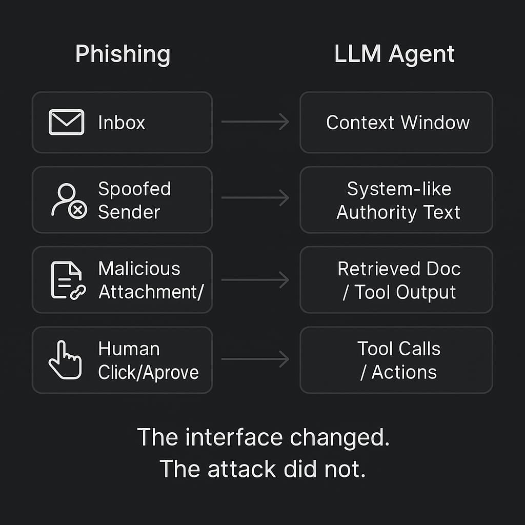 Diagram mapping phishing components to LLM agent components: inbox to context window, spoofed authority to system-like policy text, malicious attachment to retrieved content, click to tool call.